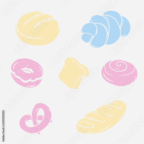 Bakery and pastry vector illustration set. Cute naive hand drawn style bread, croissant, donut, toast, pretzel, and cinnamon roll isolated on white background.
