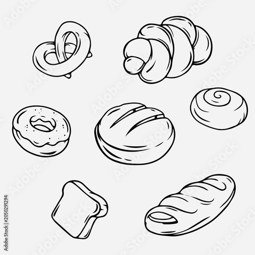 Black line art bakery and pastry vector set. Cute naive outline icons of bread, croissant, donut, toast, pretzel, and cinnamon bun isolated on white background.