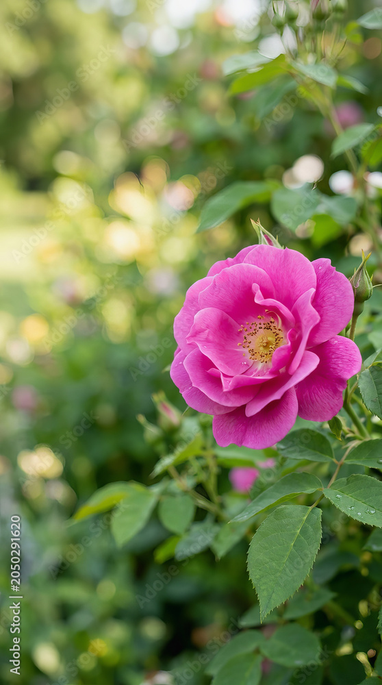 Fototapeta premium Vibrant pink rose blooms in a lush green garden with soft bokeh background highlighting natural beauty and floral elegance.