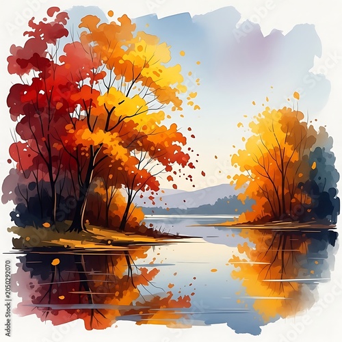 Vibrant Autumn Trees Reflecting Calm Lake Water.