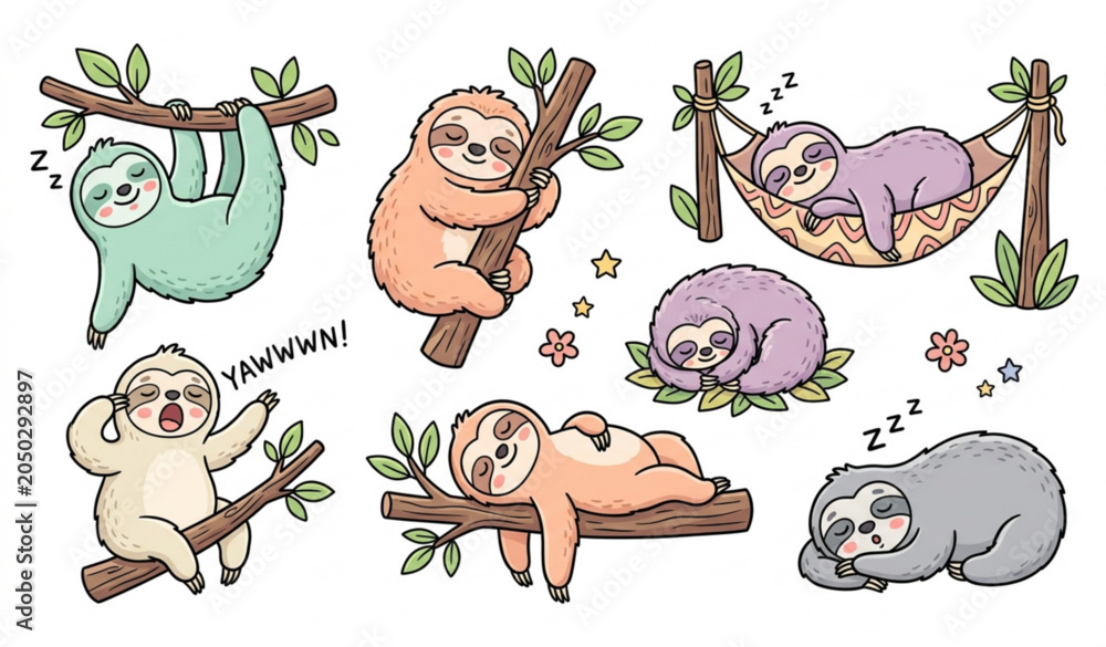 Fototapeta premium Sleeping Lazy Sloth Cartoon Collection with Cute Jungle Animal Vector Icons