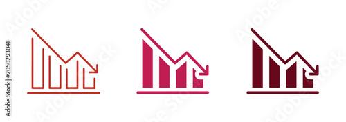 Bild auf Leinwand Financial Downturn Icons: Three stylized icons depict a financial bar chart with a downward trend, symbolizing decline, loss, or poor performance