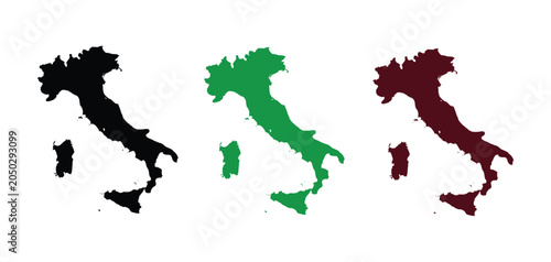 Foto Trio of Italian Silhouettes: Three distinct colored silhouettes representing the map of Italy, showcasing its iconic shape in black, green, and maroon