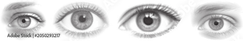 Retro Halftone Collage of human eyes with halftone dot effects and digital sketch isolated