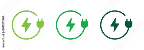Foto Green Energy Icons: A trio of circular icons featuring a lightning bolt and electrical plug in varying shades of green, symbolizing renewable energy and power conservation