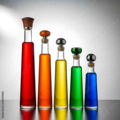Vibrant Colored Bottles With Stopper On Neutral Background.