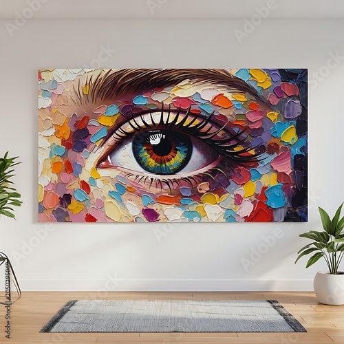 Vibrant Colorful Eye Artwork Above Modern Bathtub.