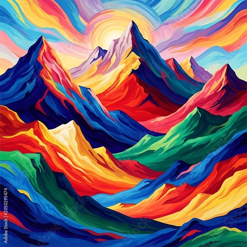 Vibrant Colorful Mountain Landscape Abstract Art Painting.