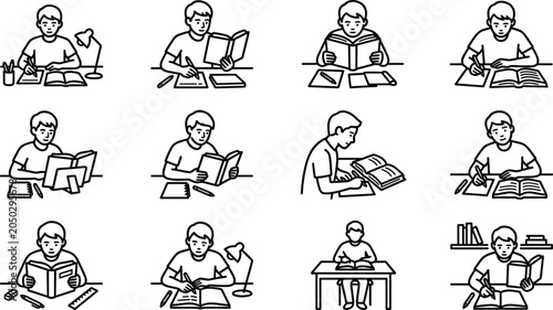 Bild auf Leinwand Set of line art illustrations featuring students studying and reading books