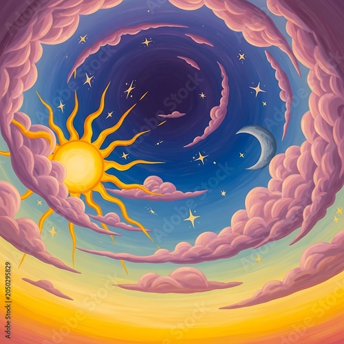 Vibrant Cosmic Landscape With Sun And Celestial Elements.