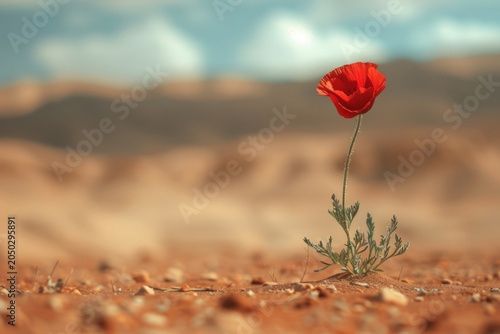 A lonely bright red flower blooms among the endless desert dunes