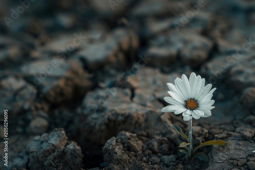 A bright white flower blooming among the cracked earth