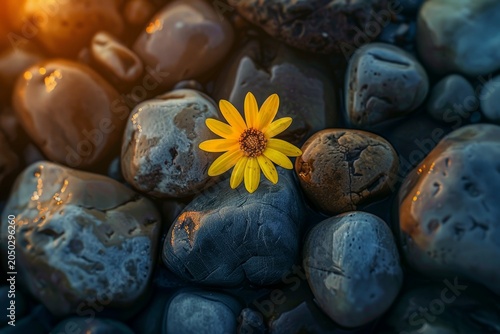 Yellow flower blooms amongst rough stones, illuminated by the warm glow of a sun