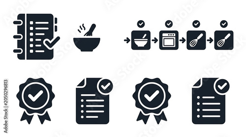 The icons represent a checklist and certificate validation process with a cooking recipe transformation.