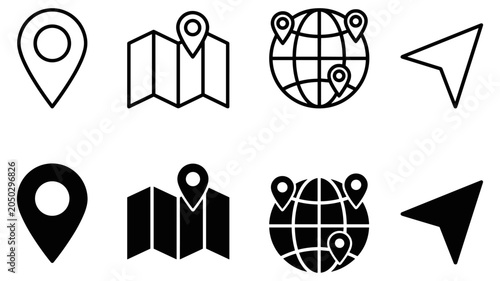 Foto Set of black and white location and navigation icons including pin, map, globe,