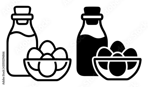 Black and white icons of a milk bottle and a bowl of eggs in outline and solid styles on transparent background
