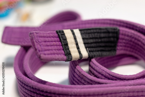 Close-up of a purple martial arts belt used in Brazilian Jiu-Jitsu and Karate, showing the detailed stitching and fabric texture against a clean white background for sports and ranking concepts