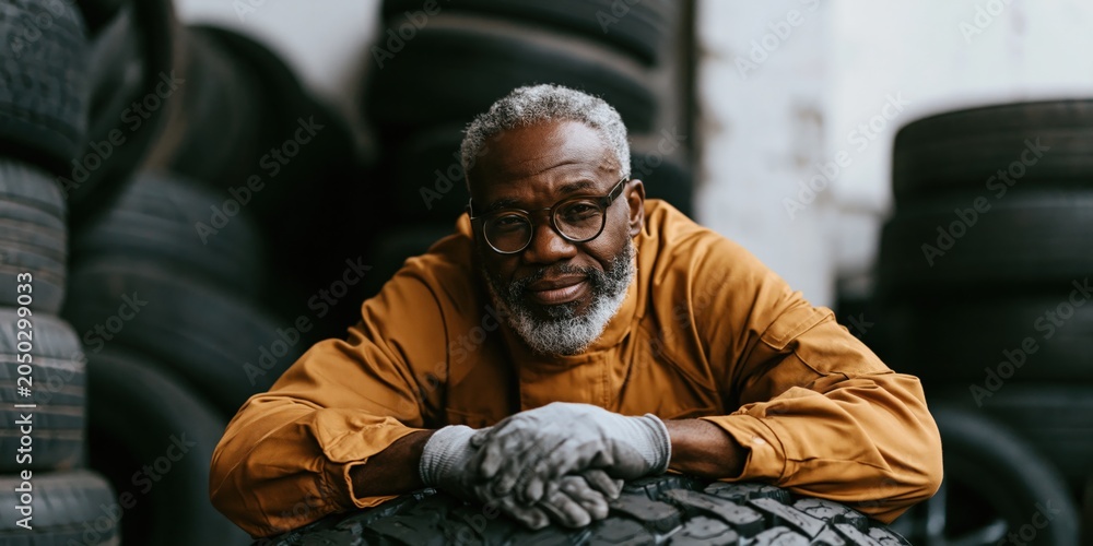 Fototapeta premium Mature mechanic resting on tire in tire warehouse background for service poster and automotive maintenance design