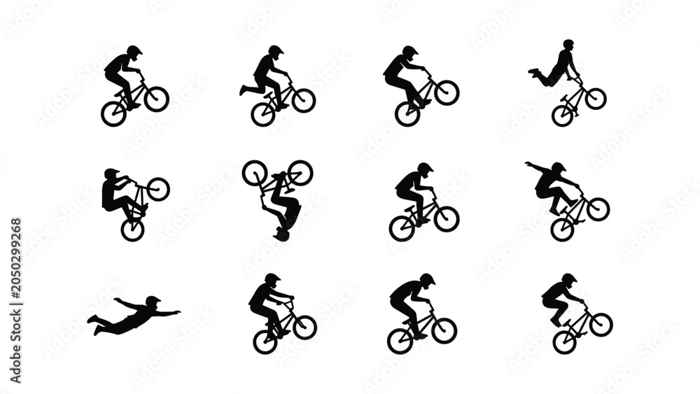 Naklejka premium Set of silhouettes of people performing various extreme stunts on bmx bicycles.