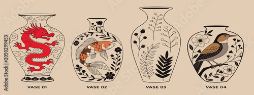 Canvas Print Four decorative vases with distinct cultural motifs including a dragon koi fish