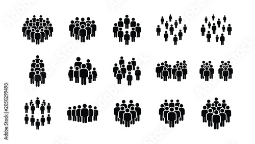 Set of black human crowd and social group silhouette icons.