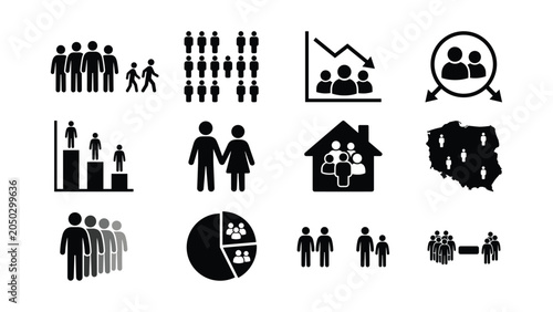 Foto Set of demographic icons and population statistics symbols.