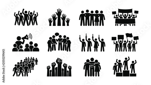 Tablou pe pânză Set of black silhouette stick figure icons depicting people in protest and social gathering scenarios