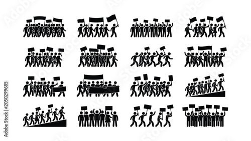 Tablou pe pânză Set of stick figure icons showing groups of protesters with signs and banners