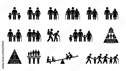 Foto Set of stick figure icons showing various multi-generational family activities