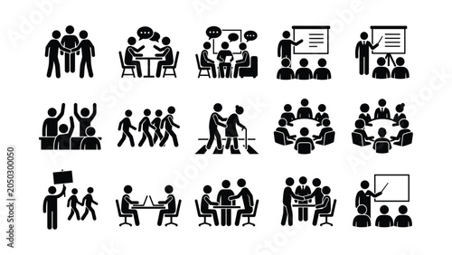 Set of human interaction and business meeting icons in stick figure style.