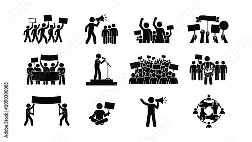 Fotografie Set of black stick figure icons depicting protest and public demonstration