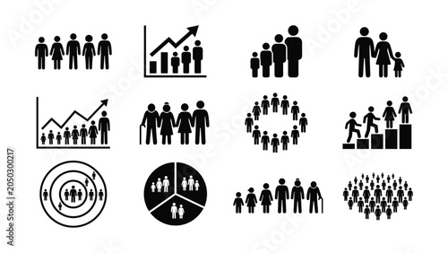 Set of black and white demographic and population data icons.