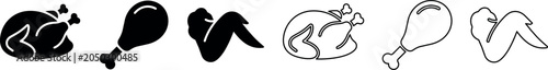 Set of cooked chicken, drumstick, and chicken wing icons in solid and outline styles