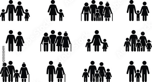 Konstfotografi Set of stick figure family icons representing different generations and family structures