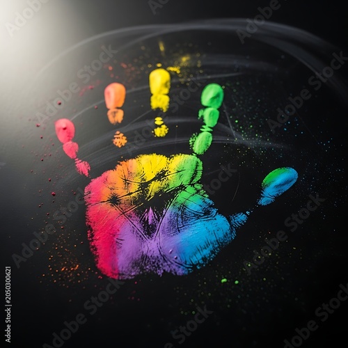 Vibrant Handprint Art With Colorful Paint Splashes.