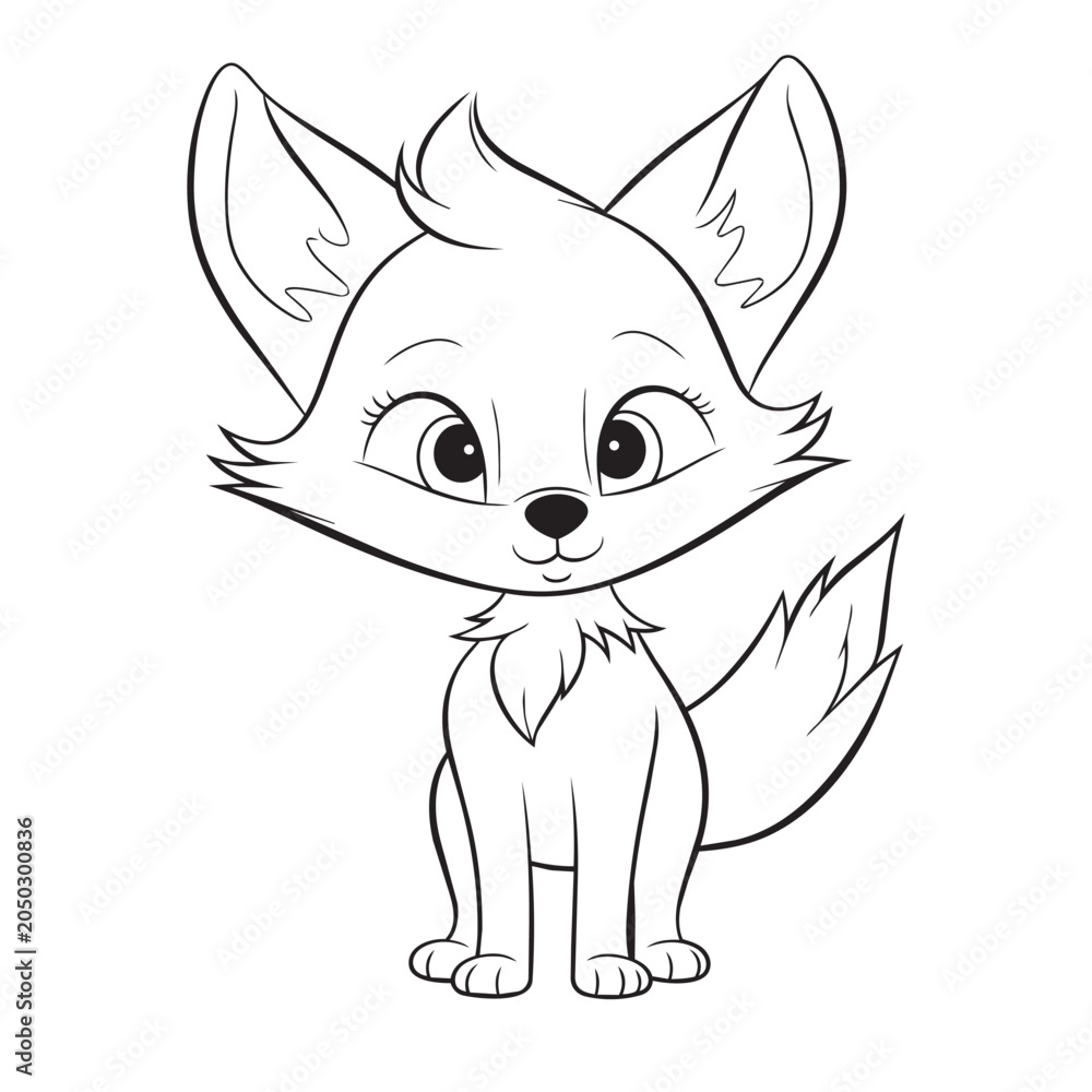 Obraz premium Black-and-white cartoon fox in a line art style, suitable for coloring, vector