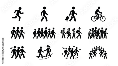 Bild auf Leinwand Set of human stick figure pictograms showing various walking running and cycling activities
