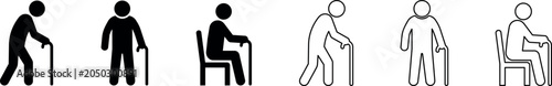 Set of elderly person icons standing and sitting using a cane in solid and outline styles