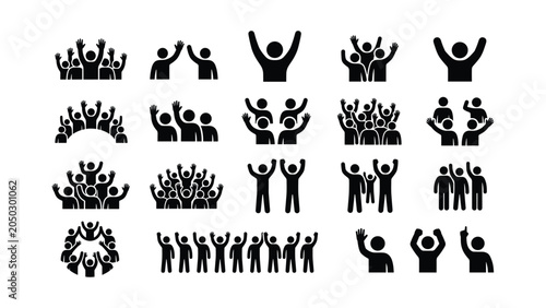 Quadro em tela Set of black silhouette icons depicting cheering crowds and happy people with raised arms