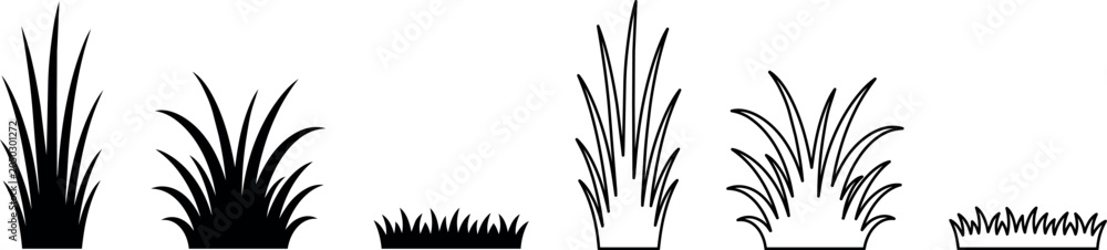 Obraz premium Set of black grass silhouettes and line art clumps