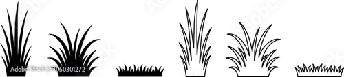Set of black grass silhouettes and line art clumps