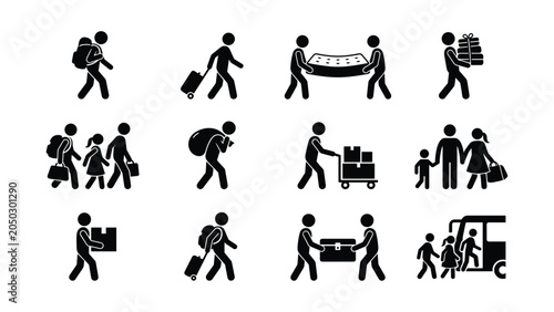 Set of stick figure icons depicting people traveling and carrying luggage.