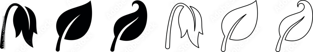 Obraz premium Silhouettes and outline icons of wilted and healthy leaves with stems