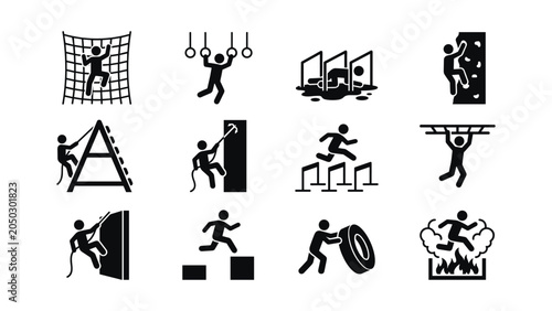 Foto Obstacle course training icons set for fitness and military sports