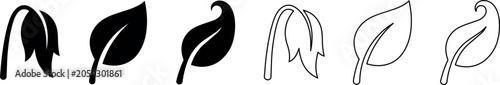 Silhouettes and outline icons of wilted and healthy leaves with stems