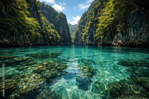 Crystal Clear Turquoise Lagoon Between Lush Tropical Cliffs With Sunlit Rocks and Calm Nature Travel Scenery