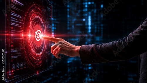 Business professional interacting with a futuristic target marketing holographic interface featuring a glowing red bullseye icon, digital strategy, audience targeting, and analytics technology.