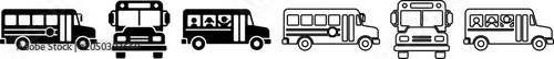 Set of black and white school bus icons showing side and front views with passengers