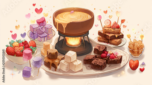 Delicious fondue set with chocolate, strawberries, marshmallows, cakes, and gourmet treats illustration