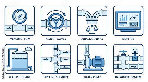 Plumbing system icons display measure flow, adjust valves, equalize supply, monitor, water storage, pipeline network, water pump, balancing system.